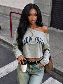 Rovax Women's Letter Print Cold Shoulder Long Sleeve Casual T-Shirt - Light Grey - View 5
