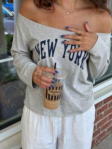 Rovax Women's Letter Print Cold Shoulder Long Sleeve Casual T-Shirt - Light Grey - View 4