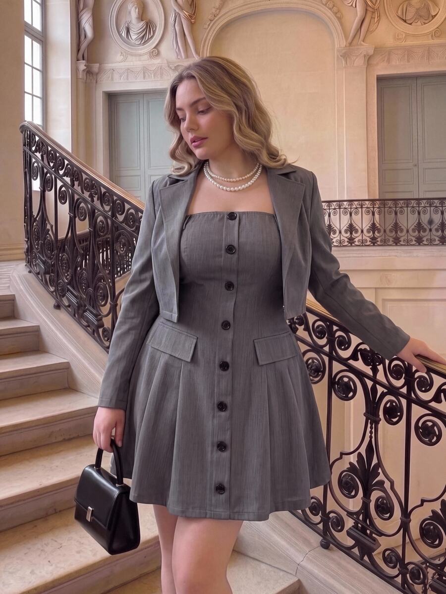 SHEIN MOD Setelan Dua Potong Blazer Crop Kerah Plus dan Gaun Tube Berlipit, Setelan Musim Gugur/Setelan Serasi, Abu-abu untuk Pesta Kantor Elegan - Dark Grey - View 1
