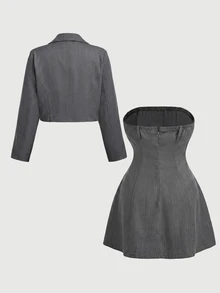 SHEIN MOD Setelan Dua Potong Blazer Crop Kerah Plus dan Gaun Tube Berlipit, Setelan Musim Gugur/Setelan Serasi, Abu-abu untuk Pesta Kantor Elegan - Dark Grey - View 3