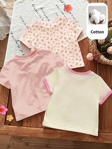 SHEIN Young Girl Casual Minimalist Versatile Bow Pattern Round Neck Short Sleeve All-Match T-Shirt, Suitable For Spring/Summer, 1 Random Piece - Beige - View 2
