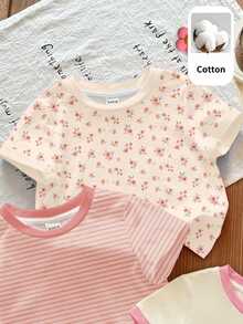 SHEIN Young Girl Casual Minimalist Versatile Bow Pattern Round Neck Short Sleeve All-Match T-Shirt, Suitable For Spring/Summer, 1 Random Piece - Beige - View 4