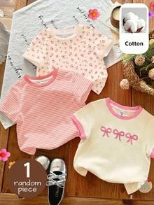 SHEIN Young Girl Casual Minimalist Versatile Bow Pattern Round Neck Short Sleeve All-Match T-Shirt, Suitable For Spring/Summer, 1 Random Piece - Beige - View 1