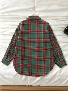 SHEIN 女童復古可愛休閒風經典紅綠格紋印花翻領長袖前扣式寬鬆襯衫，聖誕校園冬季款 - 綠色 - 查看 2