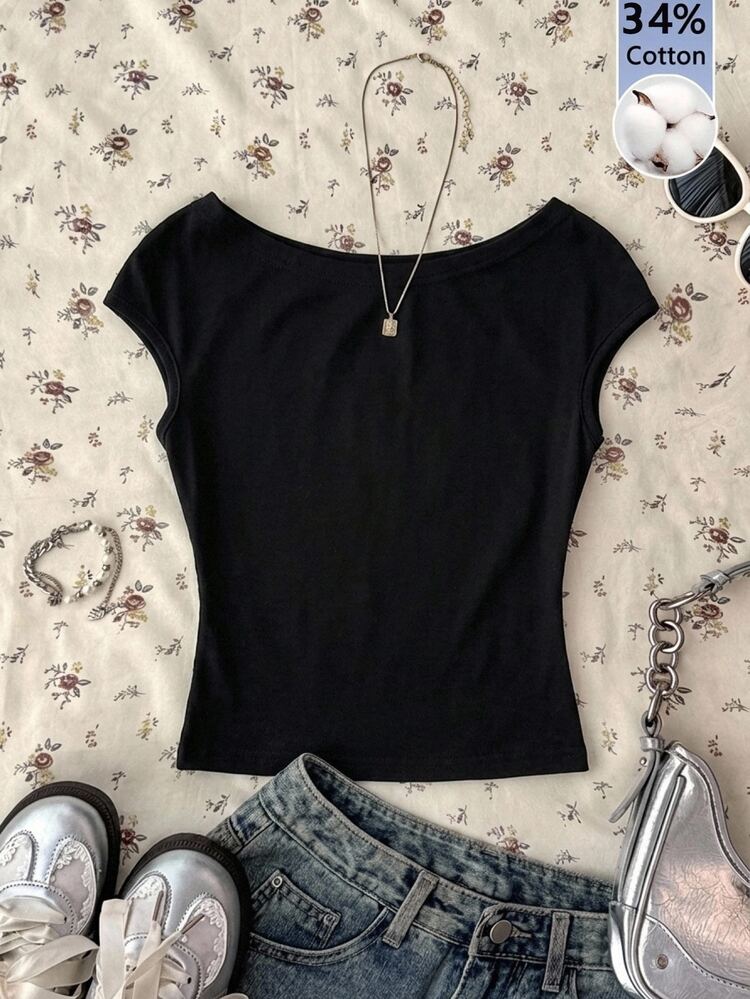 SHEIN Tween Girls Open Shoulder T-Shirt Black Color Back To School Cotton Fabric Casual Top, Summer, Outfit, Comfortable, Daily, Minimalist - Black - View 1
