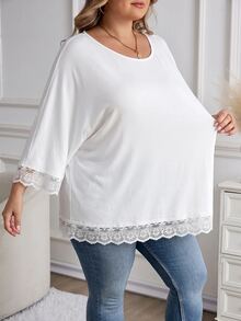 SHEIN CURVE+ 2pcs Women Plus Size Casual Contrast Lace Basic Loose 3/4 Sleeve T-Shirt Fall - Black and White - View 3