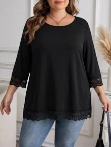 SHEIN CURVE+ 2pcs Women Plus Size Casual Contrast Lace Basic Loose 3/4 Sleeve T-Shirt Fall - Black and White - View 5