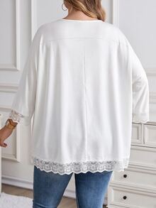 SHEIN CURVE+ 2pcs Women Plus Size Casual Contrast Lace Basic Loose 3/4 Sleeve T-Shirt Fall - Black and White - View 2