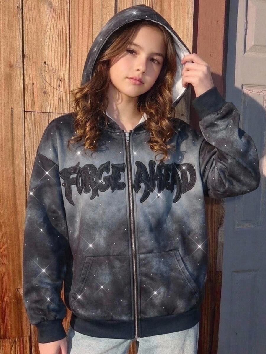 青少年女孩秋冬連帽拉鍊運動外套，灰藍色星星水鑽拼接街頭風衛衣夾克，超酷可愛返校上衣 - 黑色 - 查看 1