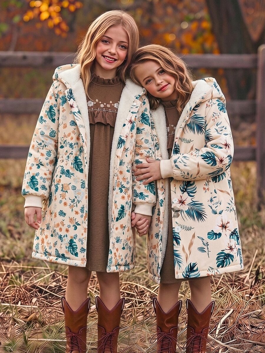 SHEIN Tween Girls' Hooded Thick Fleece Vintage Cute Cool Girl Floral Mid-Length Coat, Long Sleeve, Autumn/Winter School Gym Career Beige, Fall Clothes