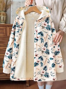 SHEIN Tween Girls' Hooded Thick Fleece Vintage Cute Cool Girl Floral Mid-Length Coat, Long Sleeve, Autumn/Winter School Gym Career Beige, Fall Clothes - Multicolor - View 8