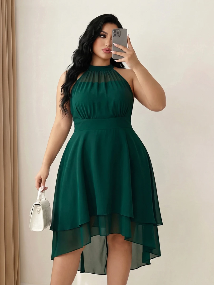 Elenzga Plus Size Round Neck Sleeveless Double Layer Ruffle Hem Asymmetrical Hemline Dress - Dark Green - View 1