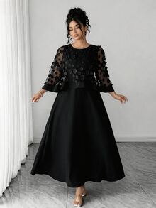 Elenzga 大码女式圆领贴花时尚连衣裙，适合秋季婚礼、生日派对及其他活动 - 黑色 - 查看 7
