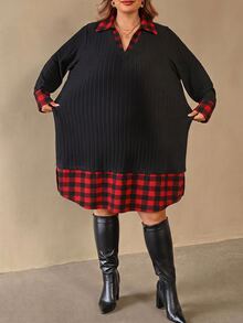 SHEIN CURVE+ Plus SizeChristmas Red Plaid Patchwork 2 In 1 Long Sleeve Knit Dress Winter Fall - Multicolor - View 3