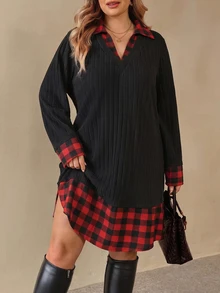 SHEIN CURVE+ Plus SizeChristmas Red Plaid Patchwork 2 In 1 Long Sleeve Knit Dress Winter Fall - Multicolor - View 6