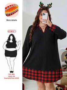 SHEIN CURVE+ Plus SizeChristmas Red Plaid Patchwork 2 In 1 Long Sleeve Knit Dress Winter Fall - Multicolor - View 7