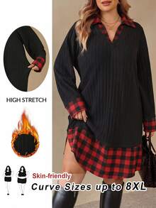 SHEIN CURVE+ Plus SizeChristmas Red Plaid Patchwork 2 In 1 Long Sleeve Knit Dress Winter Fall - Multicolor - View 1