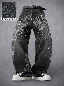 Manfinity Denimwave 男士時尚休閒街頭風水鑽設計黑色牛仔直筒長褲 - 黑色 - 查看 4