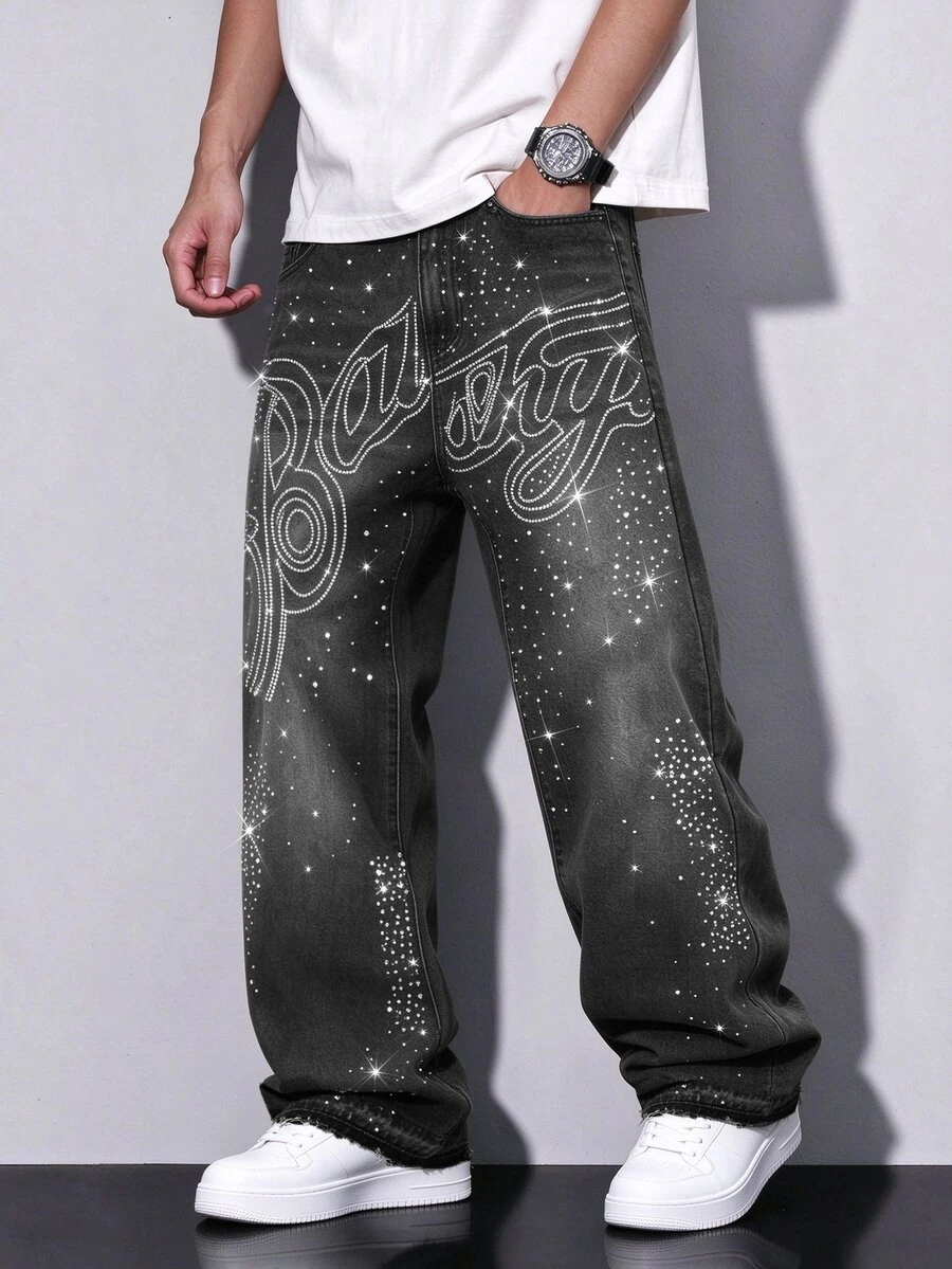 Manfinity Denimwave 男士時尚休閒街頭風水鑽設計黑色牛仔直筒長褲 - 黑色 - 查看 1