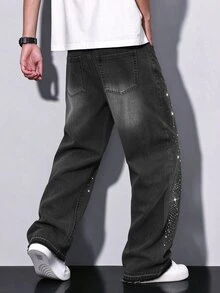 Manfinity Denimwave 男士時尚休閒街頭風水鑽設計黑色牛仔直筒長褲 - 黑色 - 查看 2