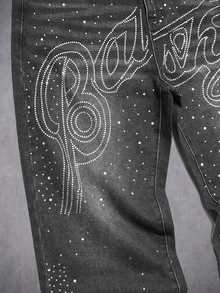 Manfinity Denimwave 男士時尚休閒街頭風水鑽設計黑色牛仔直筒長褲 - 黑色 - 查看 6