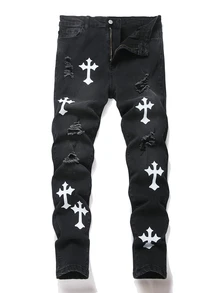 Teen Boys Fashion Cross-Shaped Pattern Ripped Design Comfortable Jeans Halloween Black To School - Black - View 1