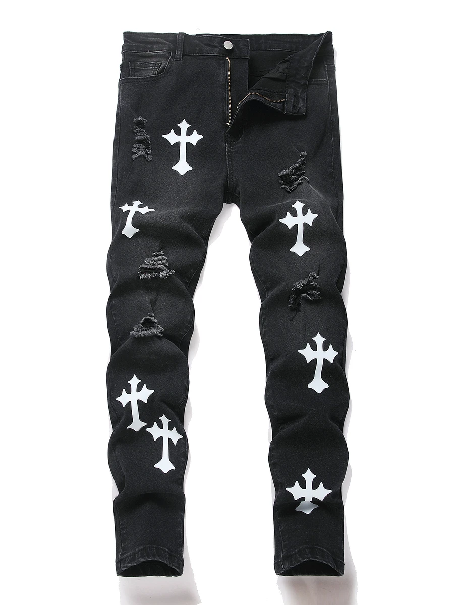 Teen Boys Fashion Cross-Shaped Pattern Ripped Design Comfortable Jeans Halloween Black To School - Black - View 1