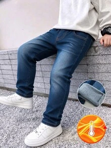 SHEIN 小男孩淺藍色修身棉質牛仔褲，時尚休閒牛仔風，輕量抓毛內裡，適合春夏秋冬四季穿著 - 深色水洗藍 - 查看 7