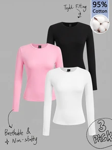 Tseoso 3-Pack Women's Casual Solid Color Crew Neck Long Sleeve T-Shirts - Multicolor - View 1