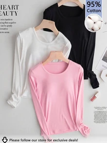 Tseoso 3-Pack Women's Casual Solid Color Crew Neck Long Sleeve T-Shirts - Multicolor - View 3