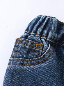 女嬰斜腰破損牛仔錐形長褲，小女孩休閒可愛日系 Y2K 時尚深藍色舒適冬季柔軟度假款 - 中等水洗藍 - 查看 4
