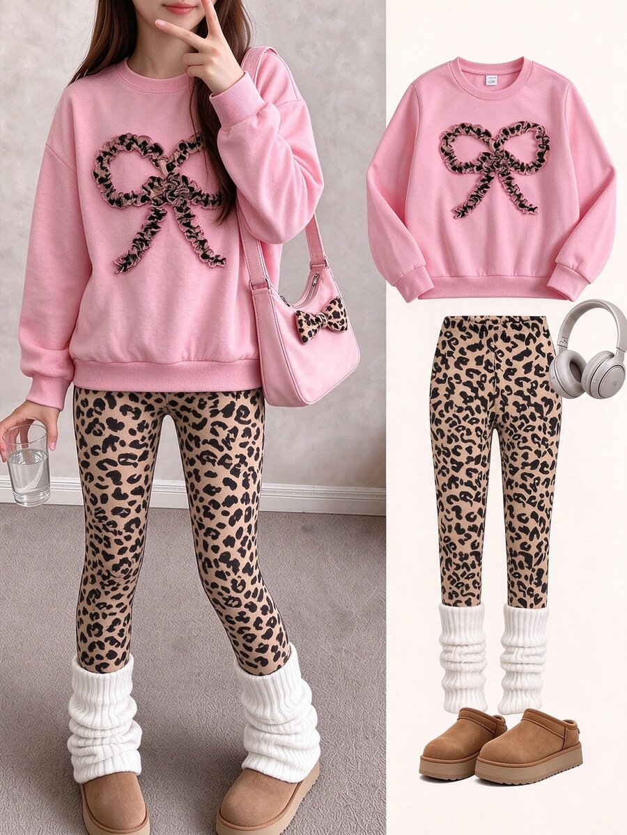 SHEIN Tween Girls Pink Crewneck Sweatshirt Beige Leggings Set Cute Ruffle Bow Pullover Co-Ord Warm Winter Outfits Active Sweatsuit School Off Campus Cowgirl - Pink - View 1