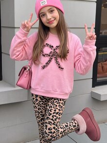 SHEIN Tween Girls Pink Crewneck Sweatshirt Beige Leggings Set Cute Ruffle Bow Pullover Co-Ord Warm Winter Outfits Active Sweatsuit School Off Campus Cowgirl - Pink - View 8