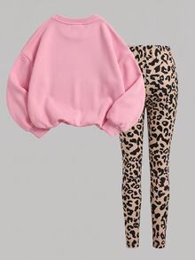 SHEIN Tween Girls Pink Crewneck Sweatshirt Beige Leggings Set Cute Ruffle Bow Pullover Co-Ord Warm Winter Outfits Active Sweatsuit School Off Campus Cowgirl - Pink - View 2