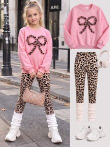 SHEIN Tween Girls Pink Crewneck Sweatshirt Beige Leggings Set Cute Ruffle Bow Pullover Co-Ord Warm Winter Outfits Active Sweatsuit School Off Campus Cowgirl - Pink - View 5