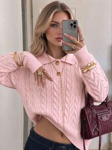 Autumina Women's Polo Collar Cable Knit Drop Shoulder Long Sleeve Casual Sweater - Pink - View 1