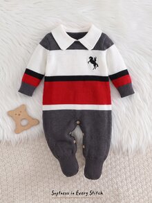 Cozy Pixies Kids Kids Kids Newborn Patchwork Textured Colorblock Striped Lapel Cartoon Bear Pattern Knitted Autumn Romper Baby - Multicolor - View 7