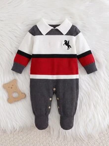 Cozy Pixies Kids Kids Kids Newborn Patchwork Textured Colorblock Striped Lapel Cartoon Bear Pattern Knitted Autumn Romper Baby - Multicolor - View 2