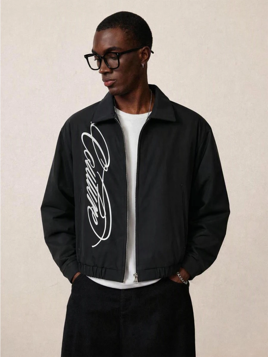 STYNVO Men's Letter Print Casual Daily Long Sleeve Jacket - Black - View 1