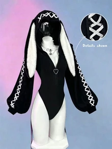 Sunspun Only Bodysuits, Women's Knitted Elastic Fitted Contrast Color Criss-Cross Strap Decor Rabbit Ear Long Sleeve Bodysuit, Anime Style Top, Cute, Rabbit Ears, Spring, Autumn, Winter - Black and White - View 1