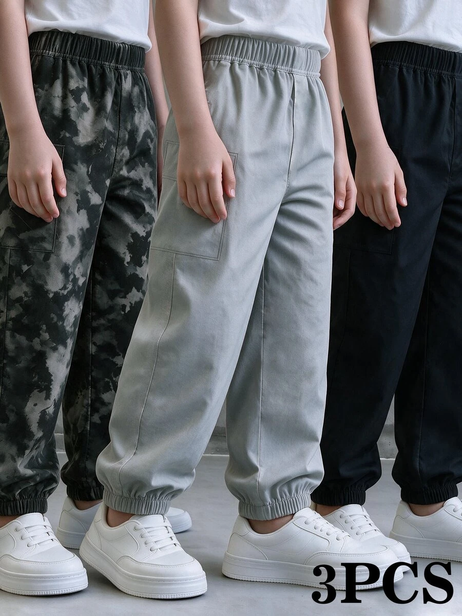 Boys' Long Pants, 3pcs/Pack, 2 Solid Color, 1 Digital Print, Elastic ...