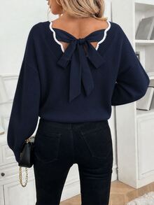 SHEIN Frenchy Tie Back Drop Shoulder Back Band Sweater Casual Romantic Elegant Contrast Color Shell Edging Autumn/Winter Knitted Spring Date Everyday Day Time - Navy Blue - View 4