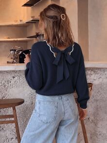 SHEIN Frenchy Tie Back Drop Shoulder Back Band Sweater Casual Romantic Elegant Contrast Color Shell Edging Autumn/Winter Knitted Spring Date Everyday Day Time - Navy Blue - View 1
