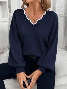 SHEIN Frenchy Tie Back Drop Shoulder Back Band Sweater Casual Romantic Elegant Contrast Color Shell Edging Autumn/Winter Knitted Spring Date Everyday Day Time - Navy Blue - View 5