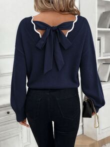 SHEIN Frenchy Tie Back Drop Shoulder Back Band Sweater Casual Romantic Elegant Contrast Color Shell Edging Autumn/Winter Knitted Spring Date Everyday Day Time - Navy Blue - View 6