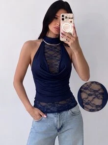 Firerie 女款垂領後綁帶露背蕾絲拼接美拉德色修身無袖背心 - 藏蓝色 - 查看 3