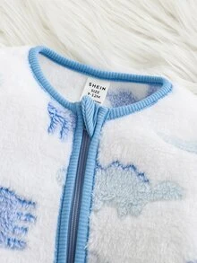 SHEIN 新生兒男嬰女嬰秋冬款可愛休閒卡通恐龍圖案毛茸茸連帽連腳連身衣中性嬰兒冬裝 - 彩色 - 查看 5