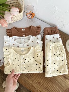 SHEIN Baby Girl 6pcs/3set Summer Casual Style Outfit ,Heart-Printing Dot Print Sleeveless And Shortpants - Multicolor - View 6