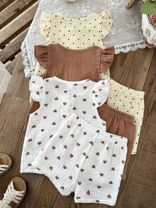 SHEIN Baby Girl 6pcs/3set Summer Casual Style Outfit ,Heart-Printing Dot Print Sleeveless And Shortpants - Multicolor - View 3