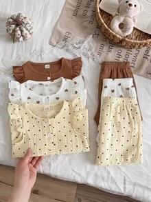 SHEIN Baby Girl 6pcs/3set Summer Casual Style Outfit ,Heart-Printing Dot Print Sleeveless And Shortpants - Multicolor - View 2